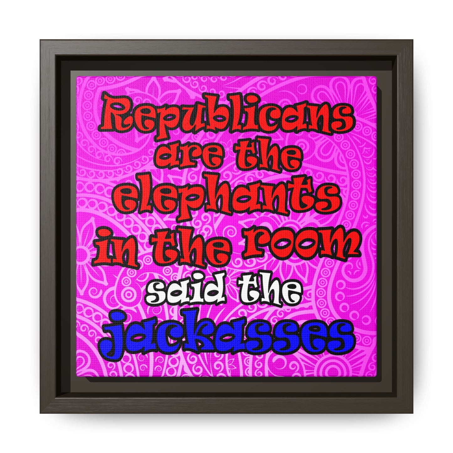 donkeys and elephants - framed canvas art (pink swirl)