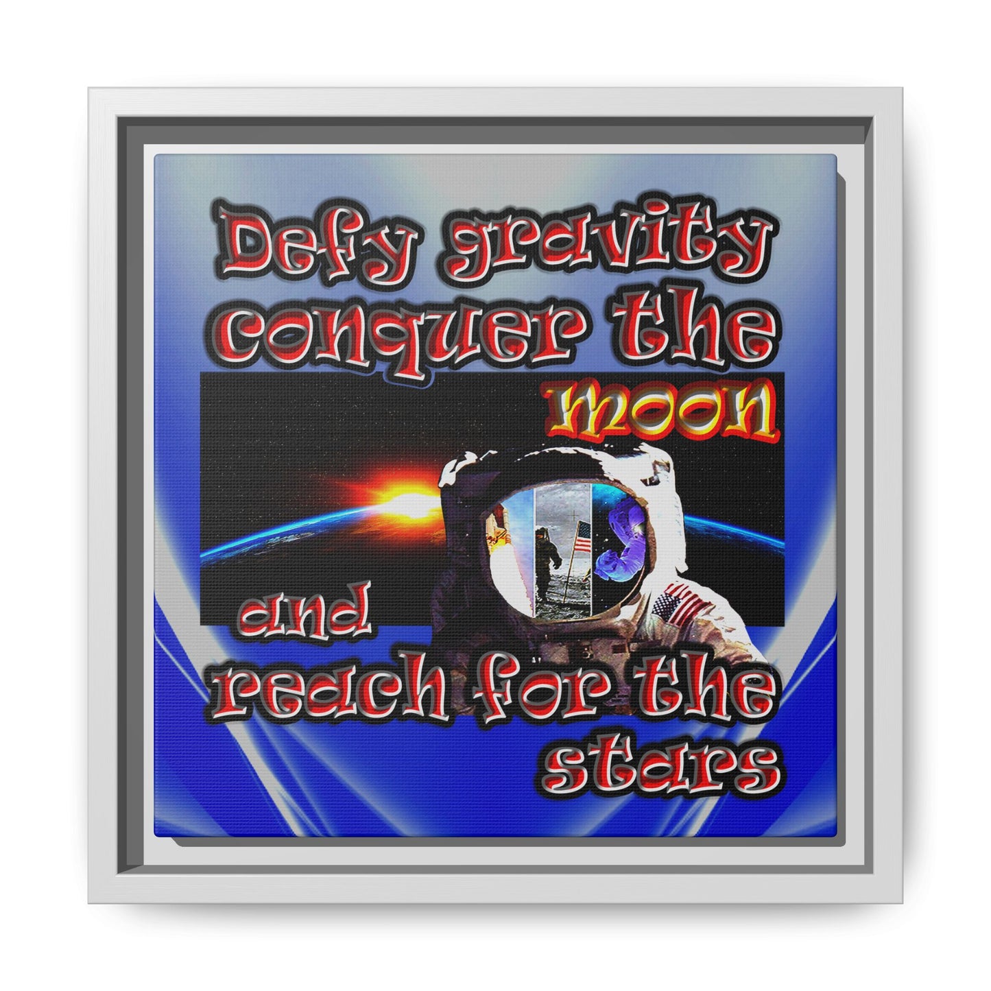 defy conquer reach - framed canvas art (blue-white wave)