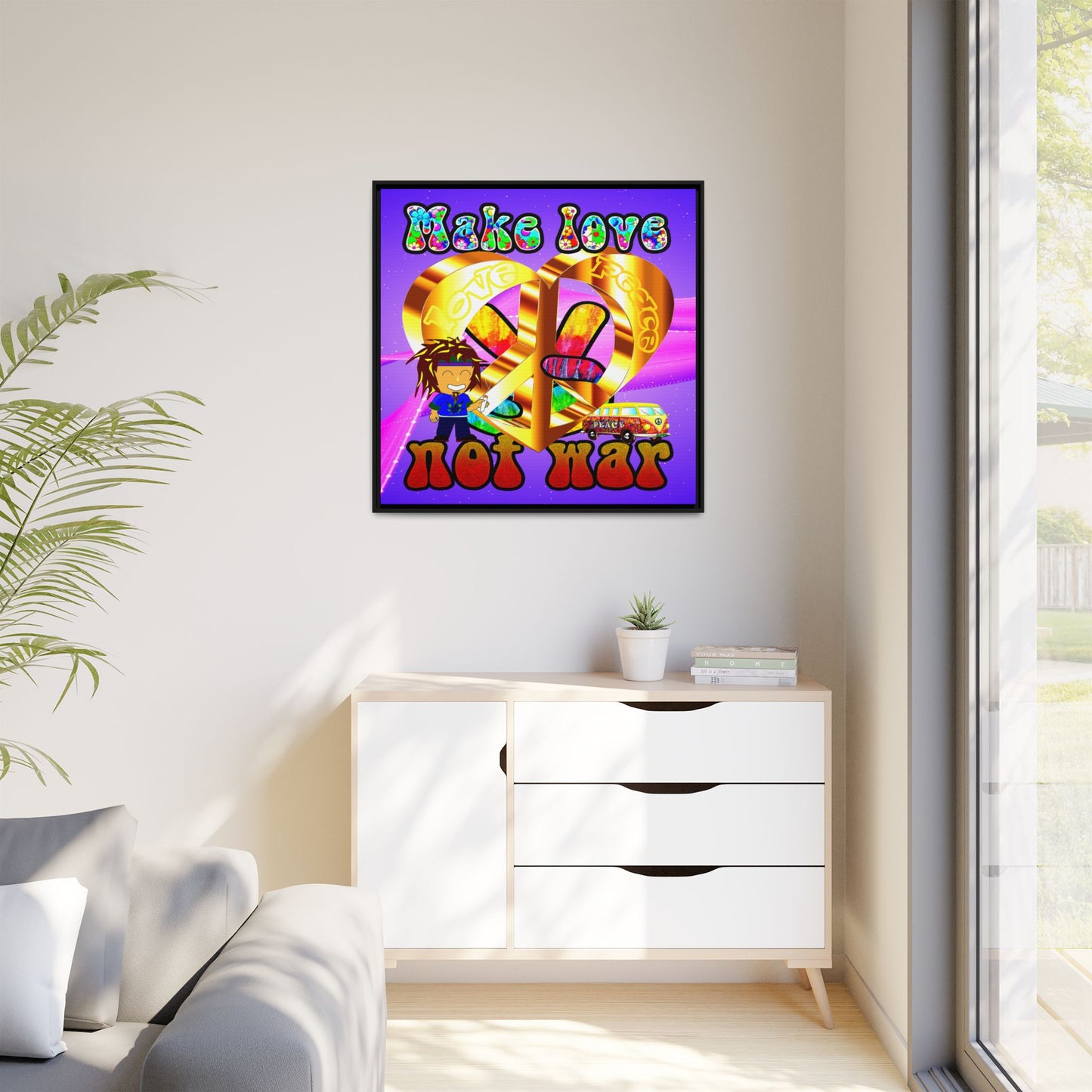 love peace - framed canvas art (purple-pink wave)