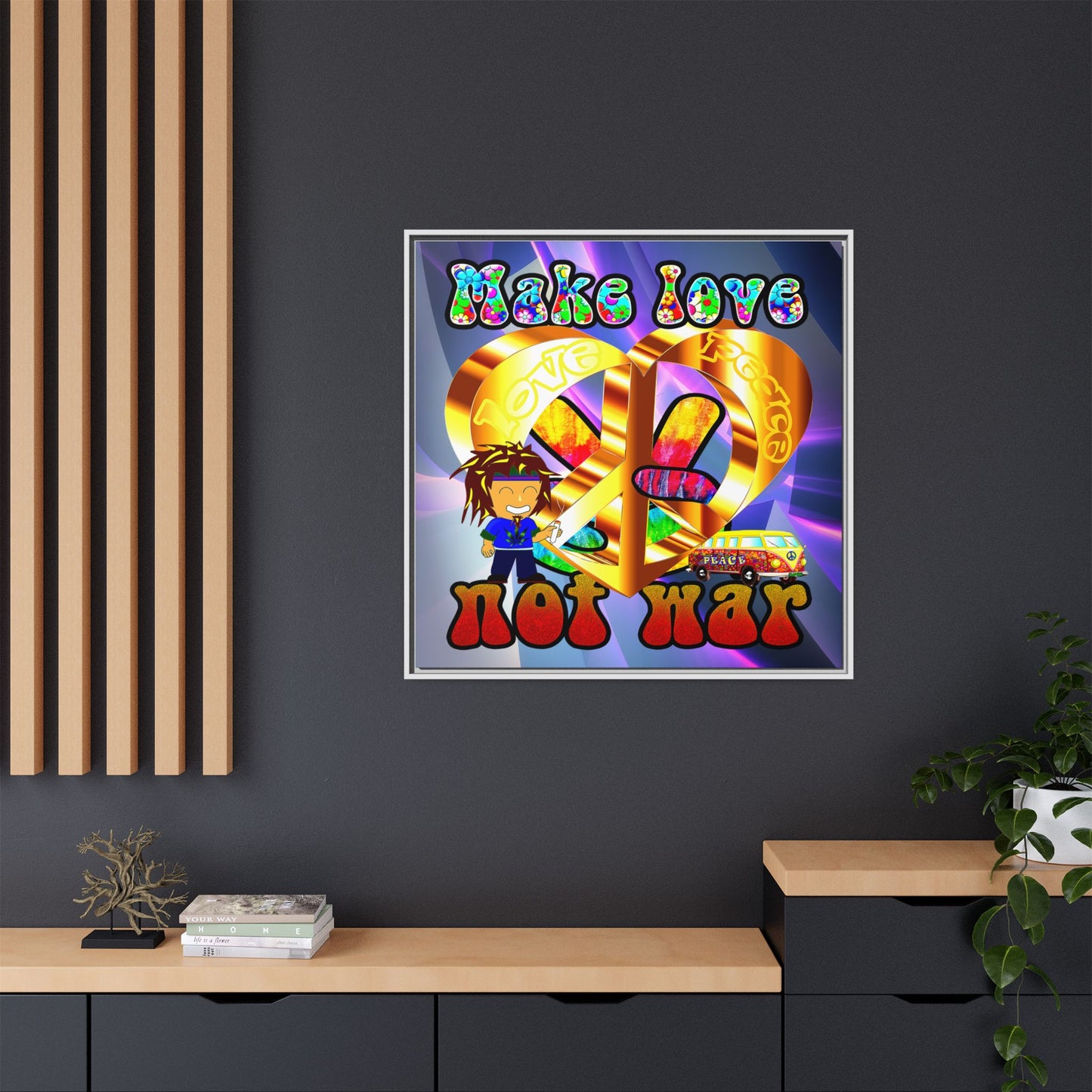 love peace - framed canvas art (grey-pink wave)