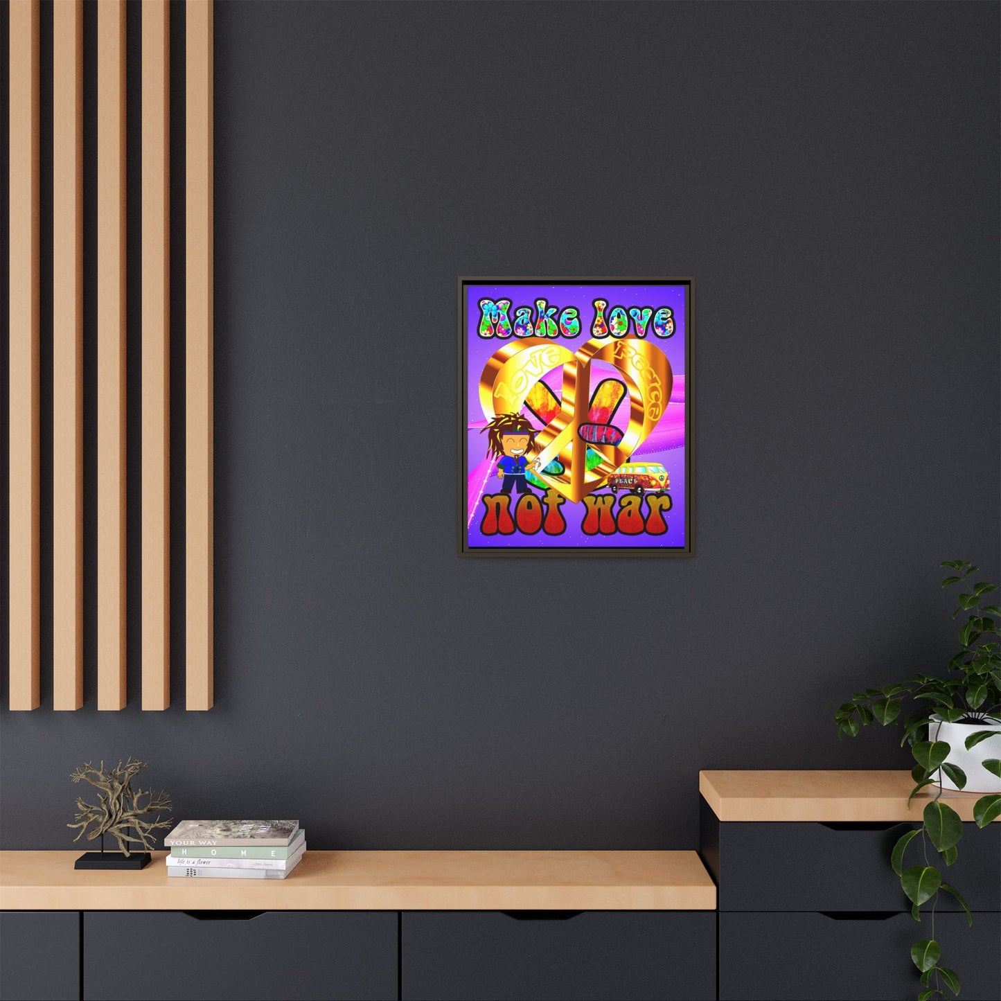 love peace - framed canvas art (purple-pink wave)