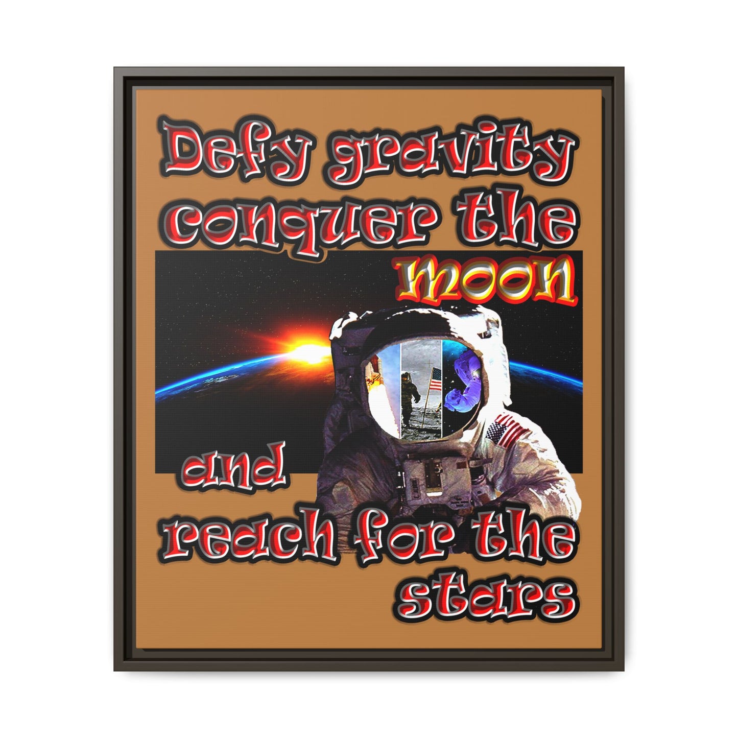 defy conquer reach - framed canvas art (light brown)
