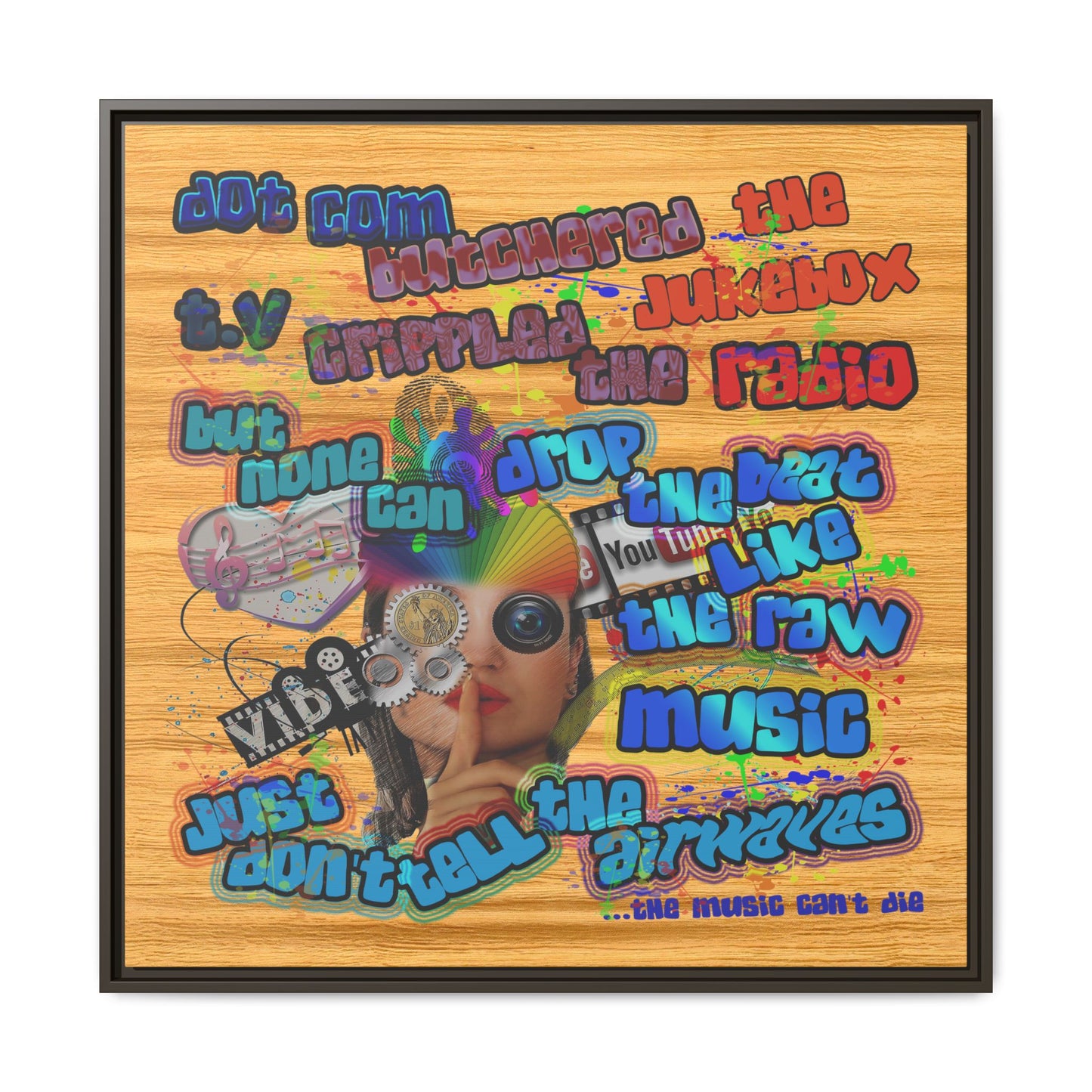 drop the beat - framed canvas art (butterscotch wood finish)