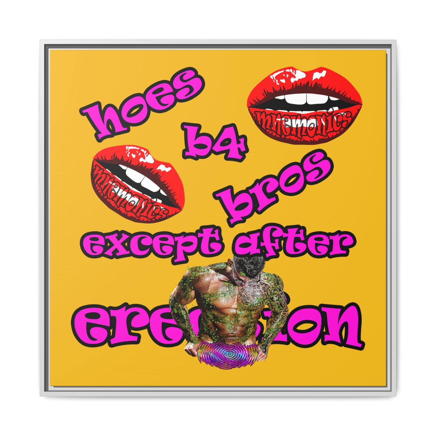 hoes b4 bros - framed canvas art (yellow)