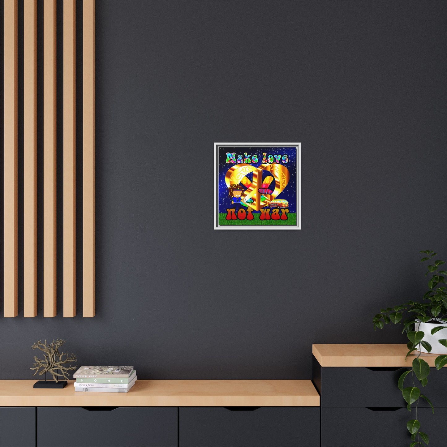 love peace - framed canvas art ('snoops' background)