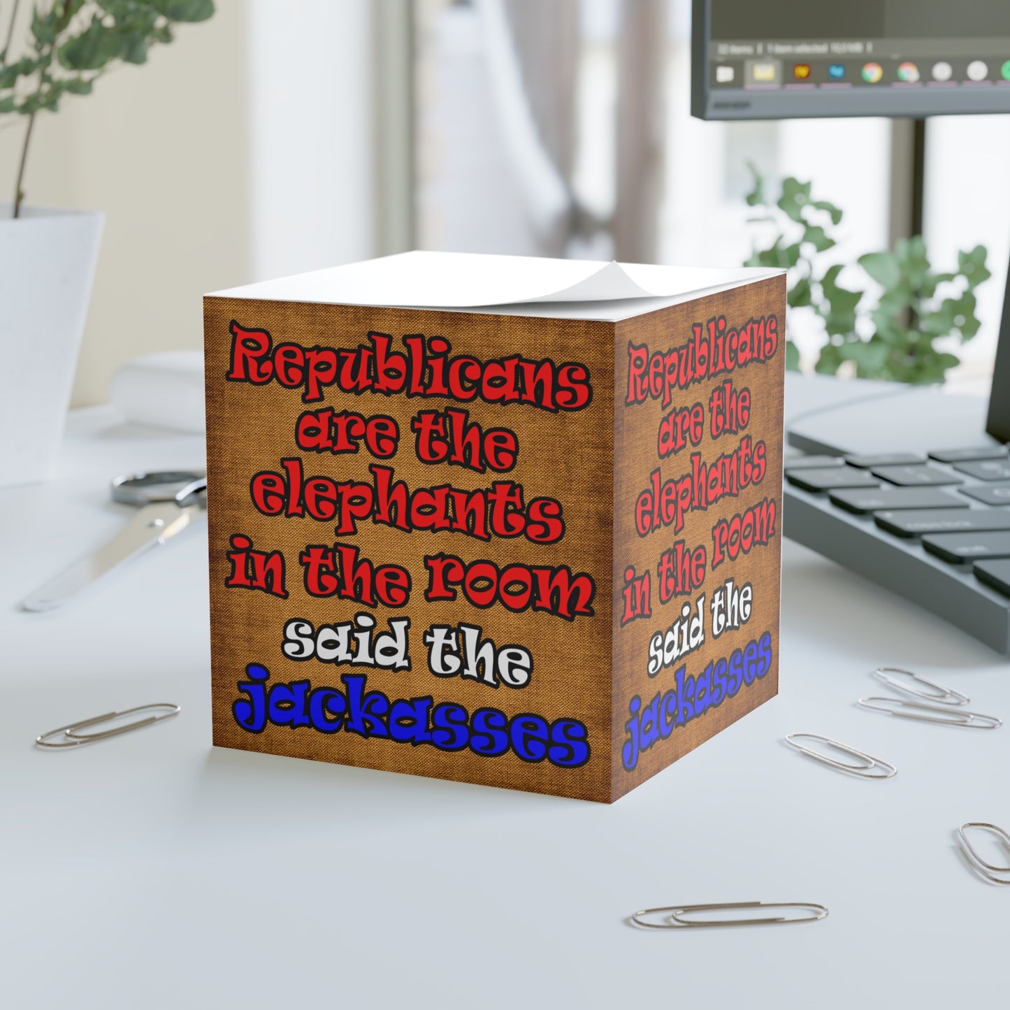 donkeys and elephants - note cube (brown papyrus)