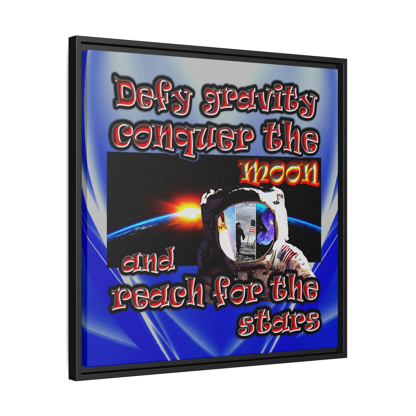 defy conquer reach - framed canvas art (blue-white wave)