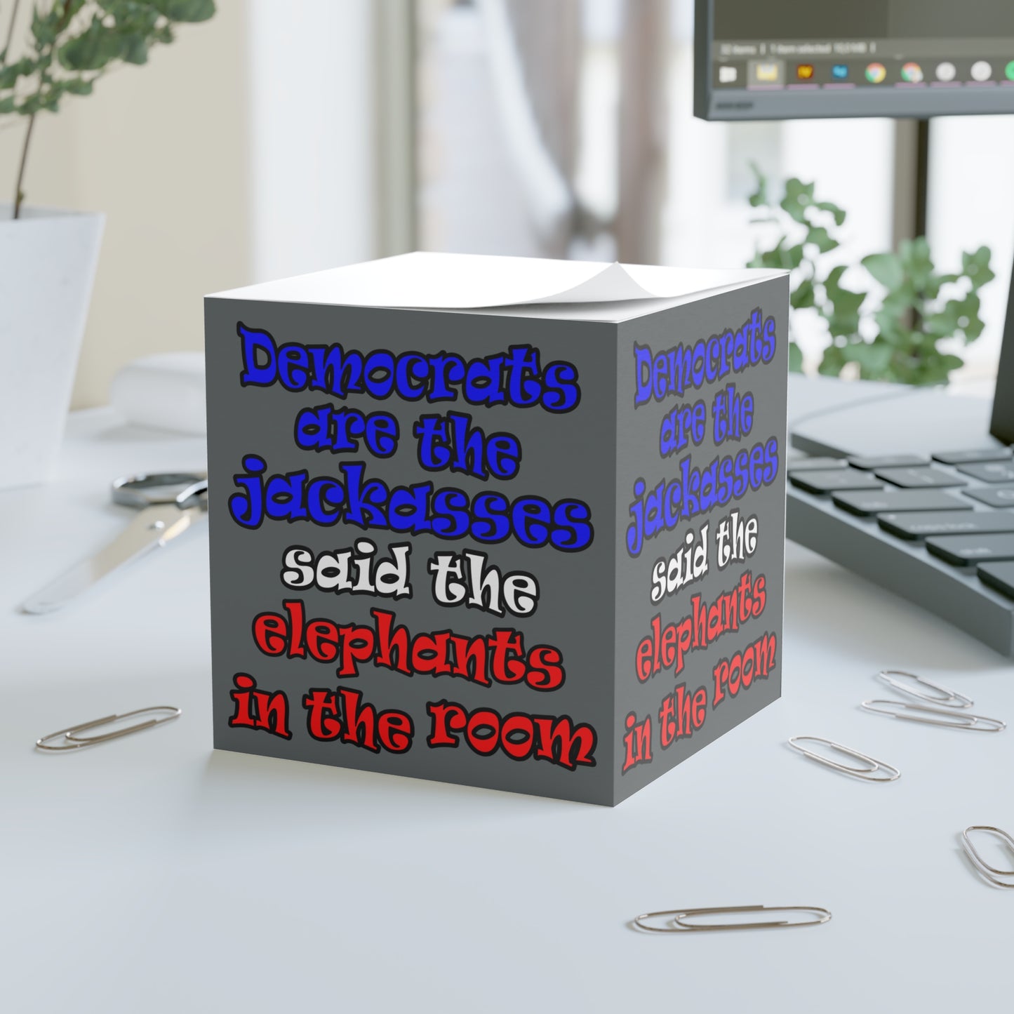 donkeys and elephants - note cube (dark grey)