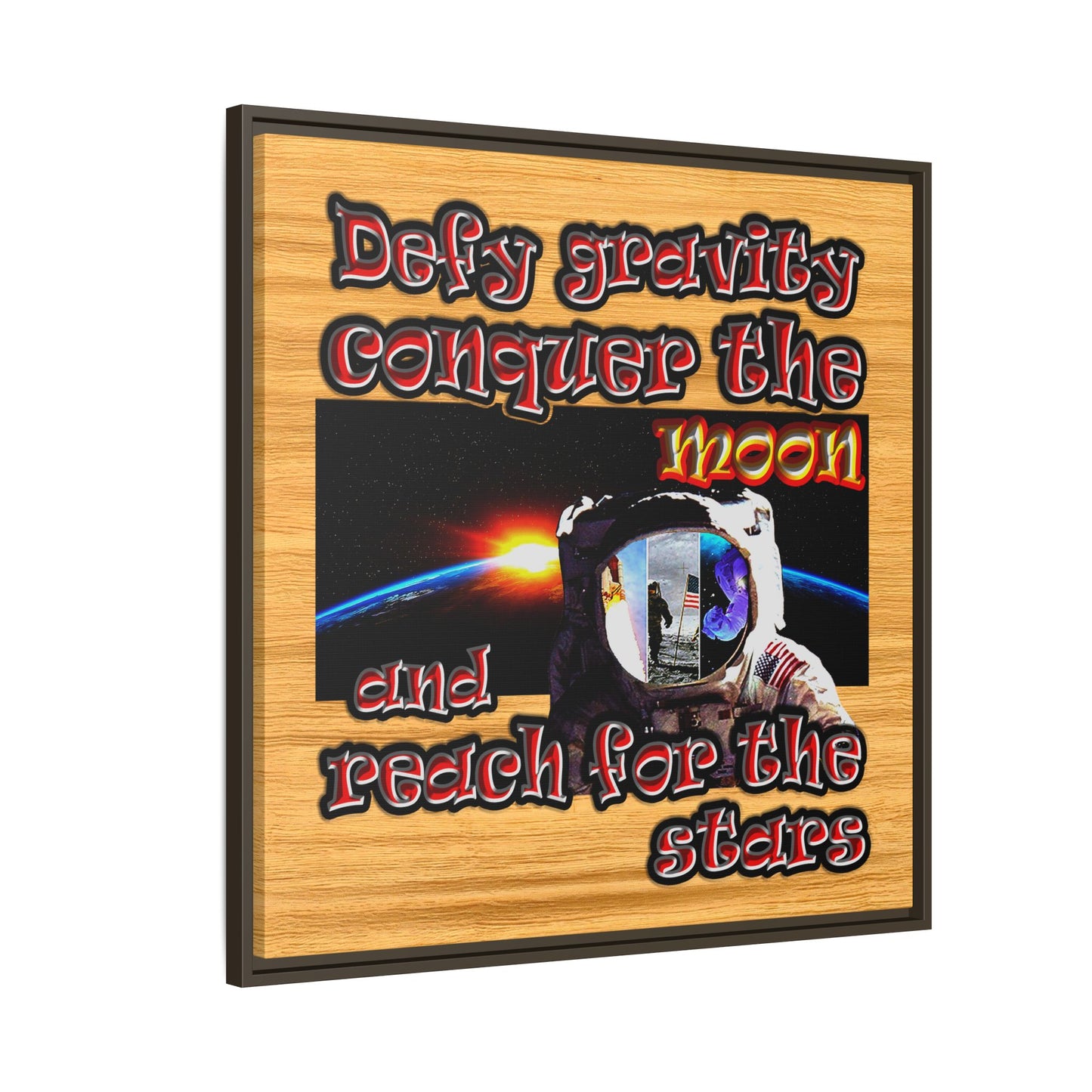 defy conquer reach - framed canvas art (butterscotch wood finish)