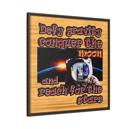defy conquer reach - framed canvas art (butterscotch wood finish)