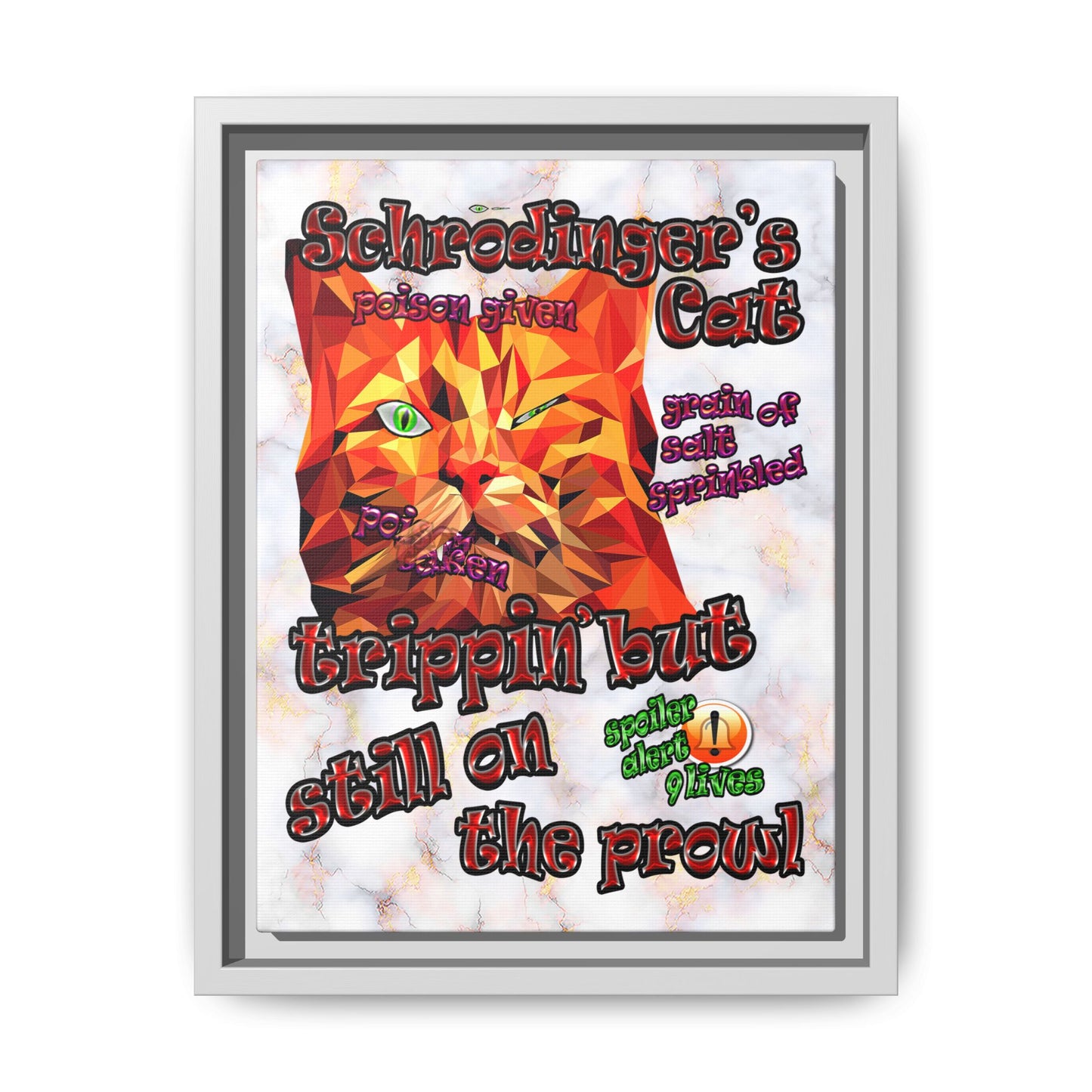schrodinger's cat - framed canvas art (white marble)