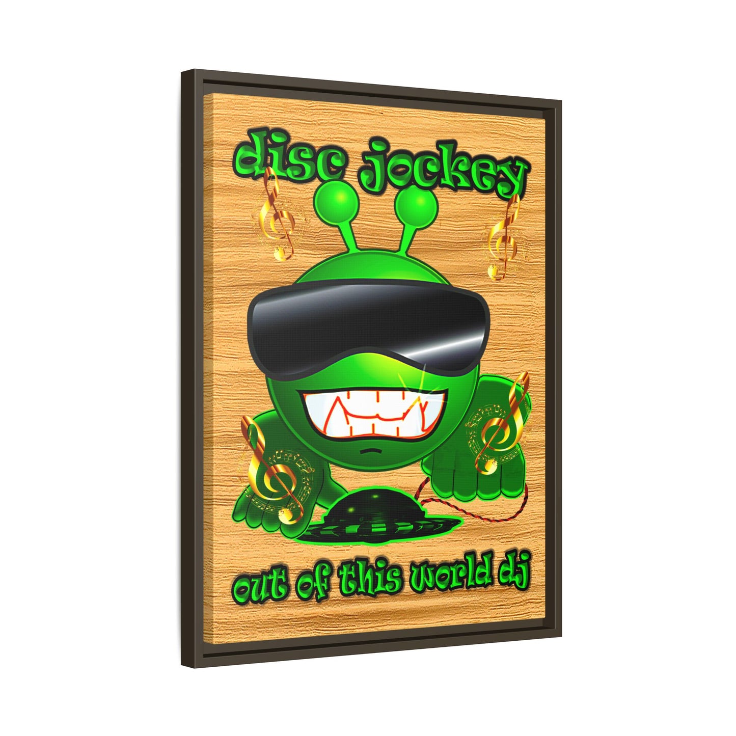 disc jockey - framed canvas art (butterscotch wood finish)