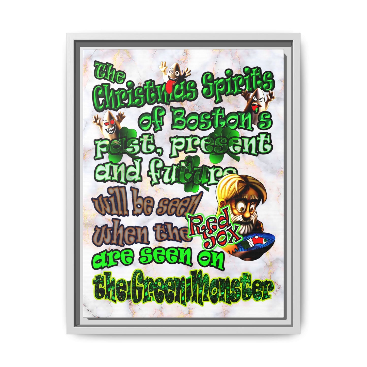 christmas spirits of boston - framed canvas art (white marble)