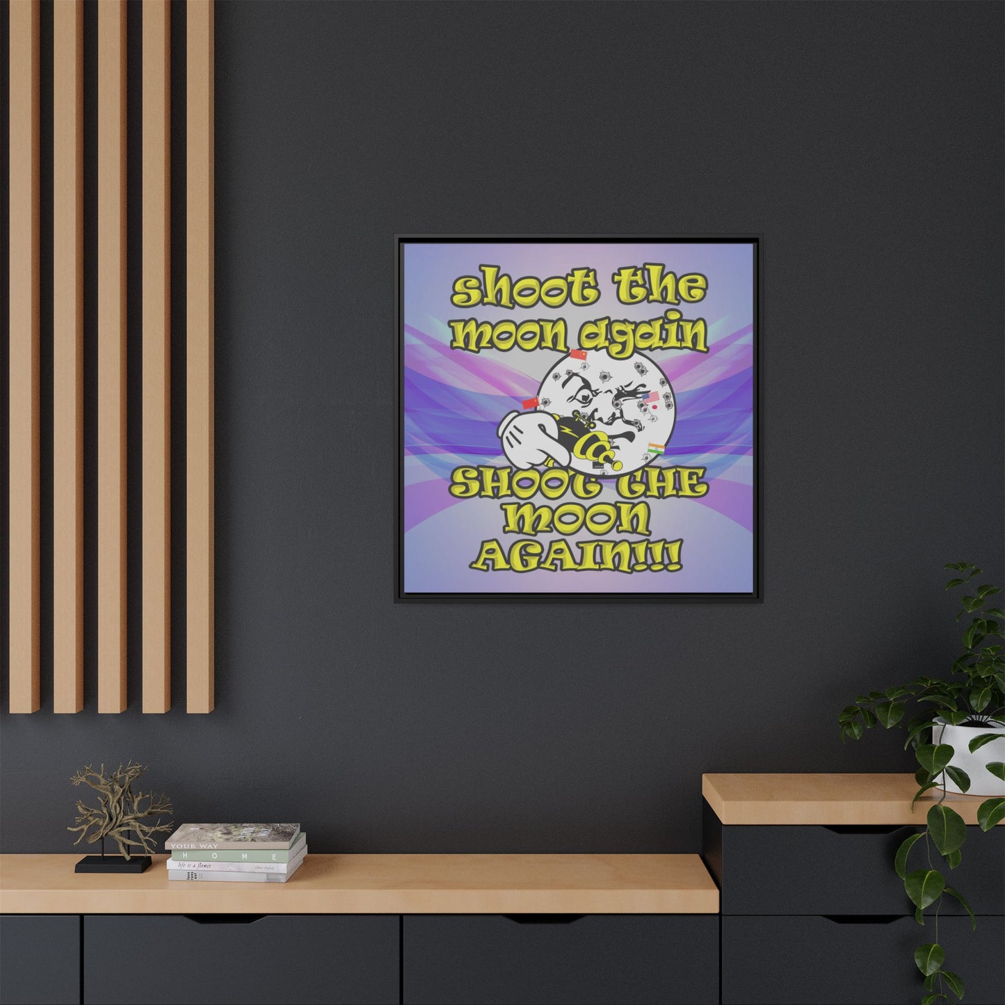shoot the moon again - framed canvas art (light blue-pink wave)