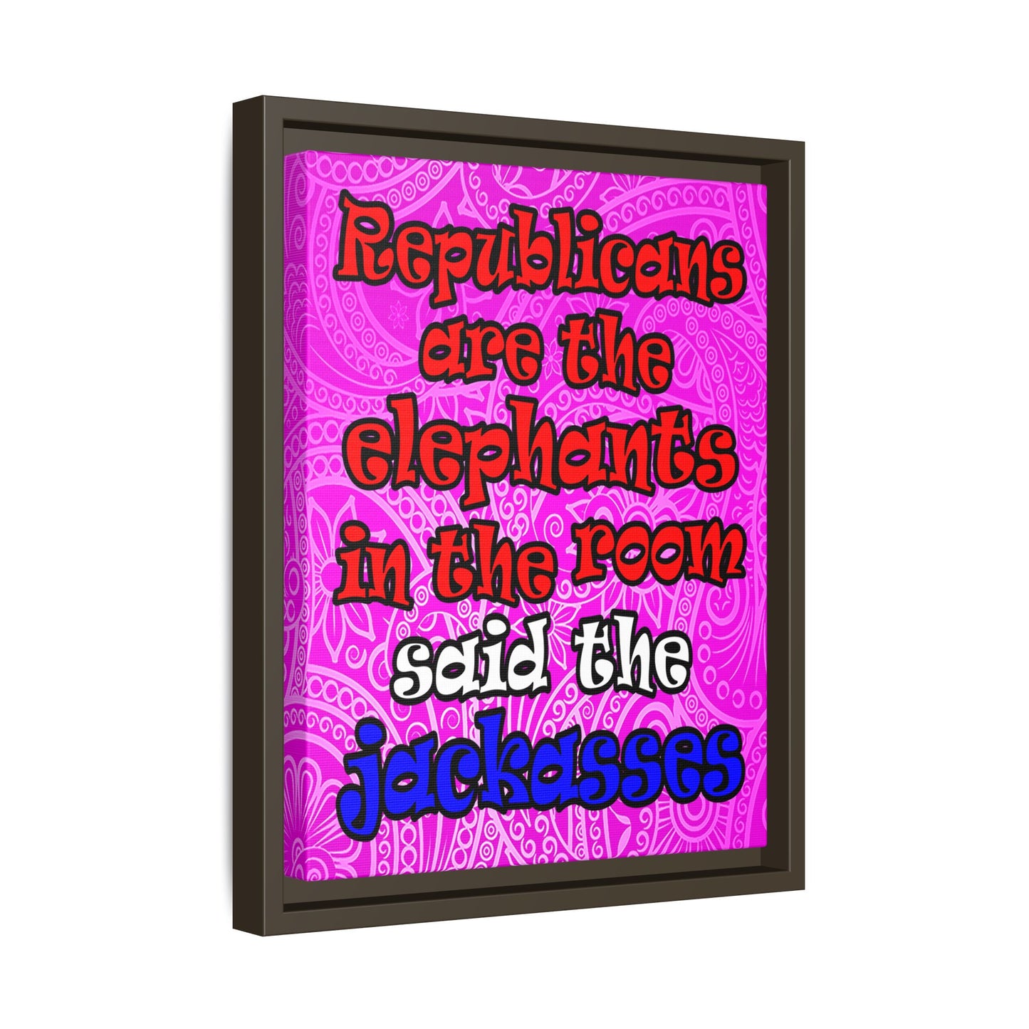 donkeys and elephants - framed canvas art (pink swirl)