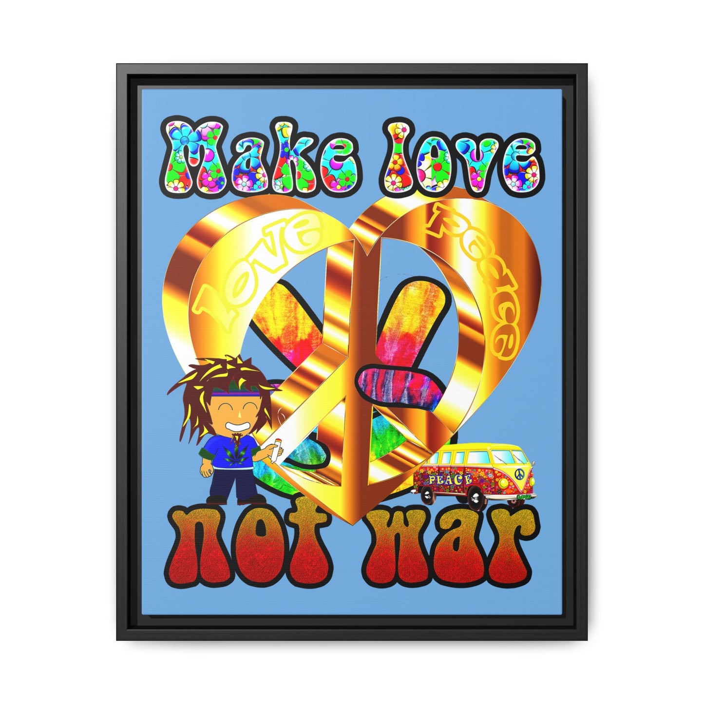 love peace - framed canvas art (light blue)