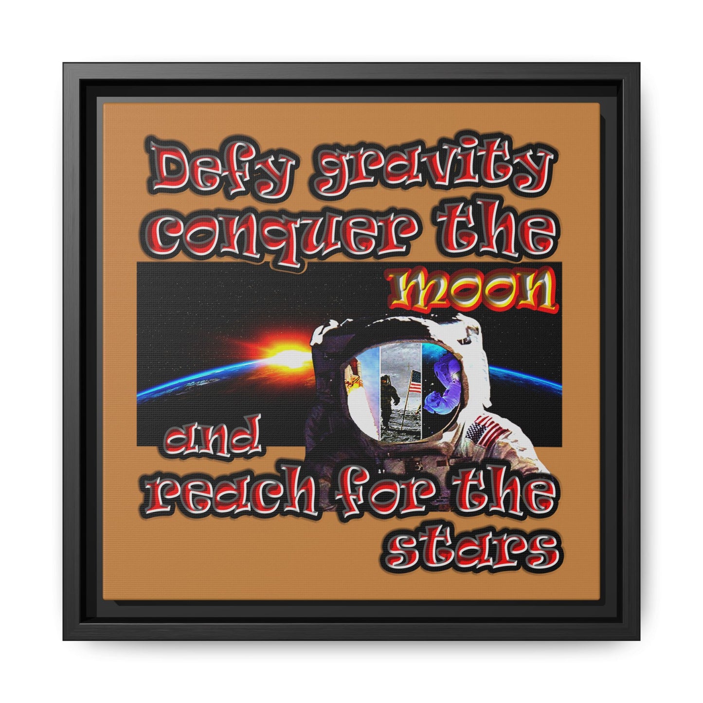 defy conquer reach - framed canvas art (light brown)