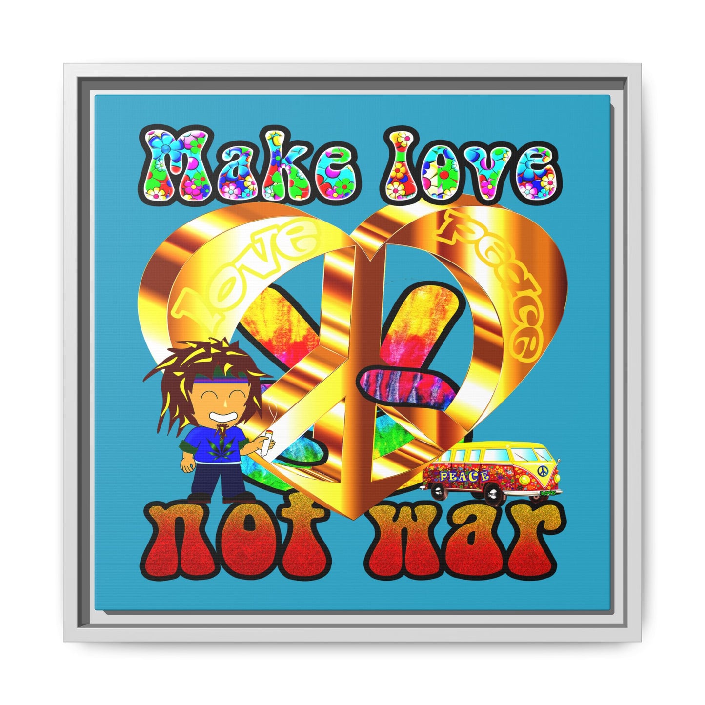 love peace - framed canvas art (turquoise)