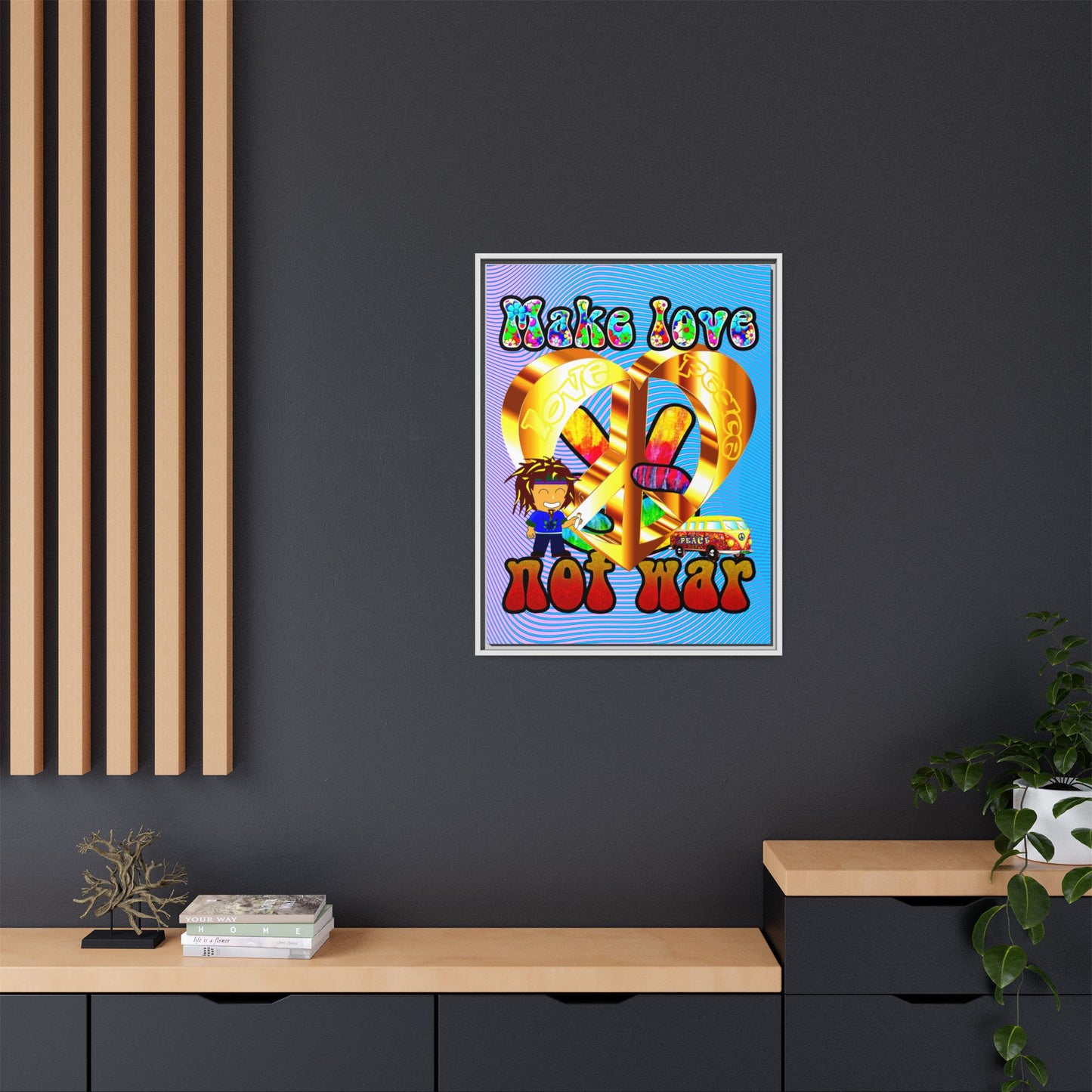 love peace - framed canvas art (light blue-purple wave)