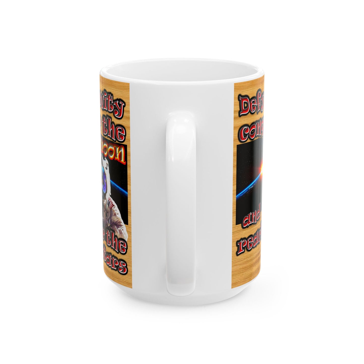 defy conquer reach - White Mug (butterscotch wood finish)