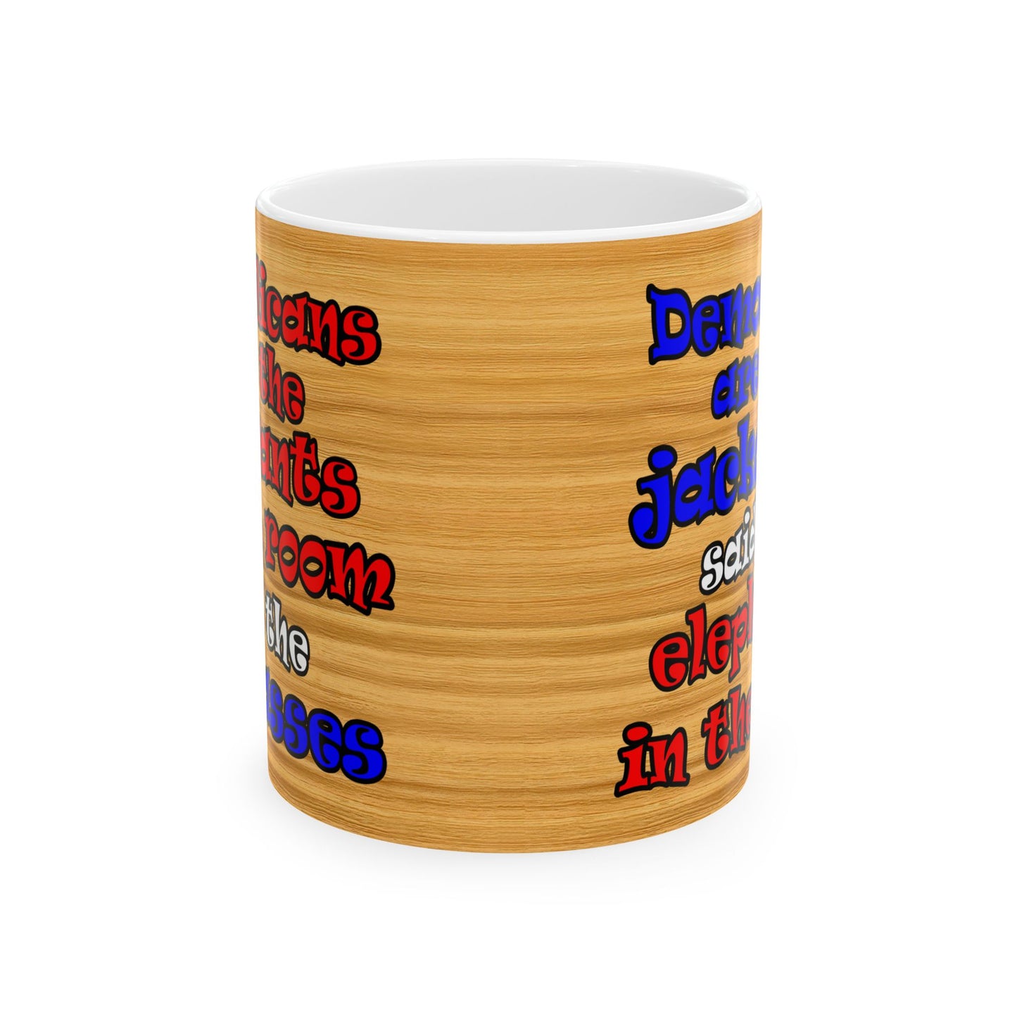 donkeys and elephants - White Mug (butterscotch wood finish)