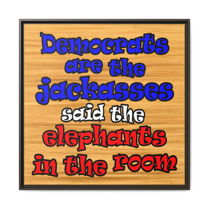 donkeys and elephants - framed canvas art (butterscotch wood finish)