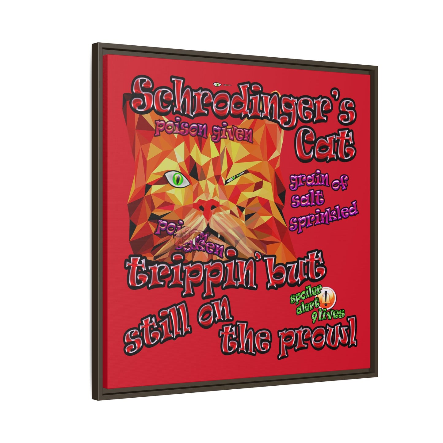 schrodinger's cat - framed canvas art (dark red)