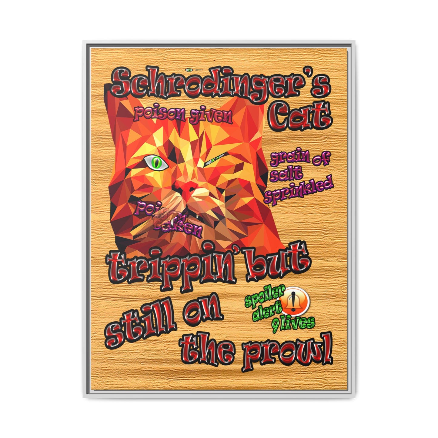 schrodinger's cat - framed canvas art (butterscotch wood finish)