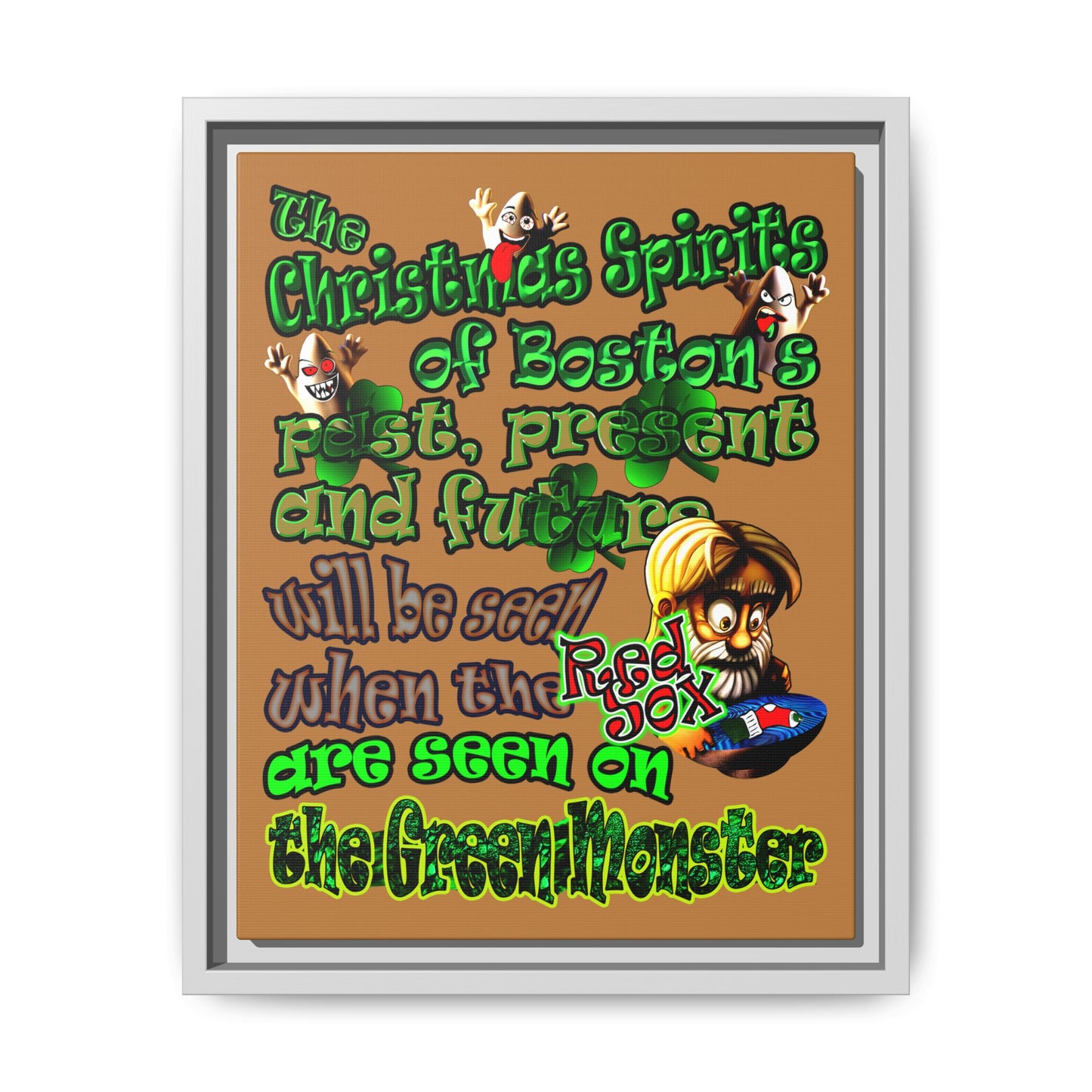 christmas spirits of boston - framed canvas art (light brown)