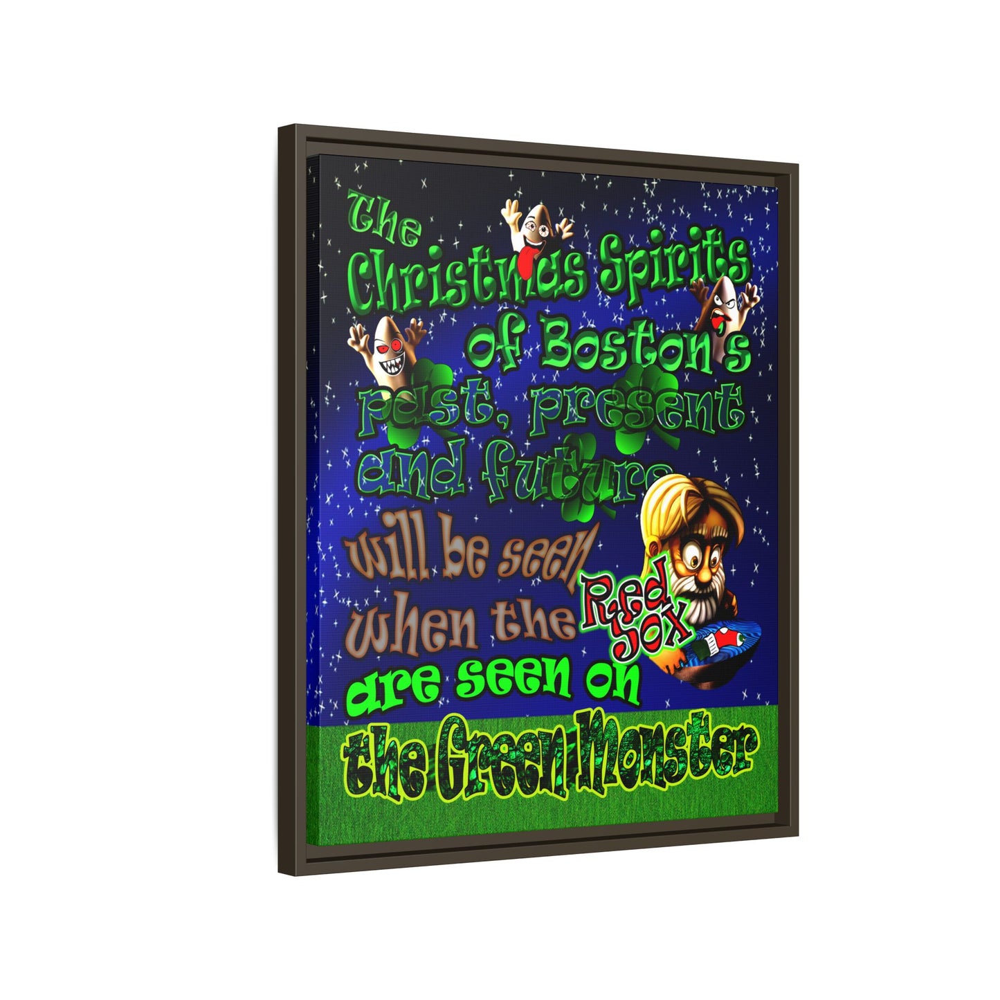christmas spirits of boston - framed canvas art ('snoops' background)