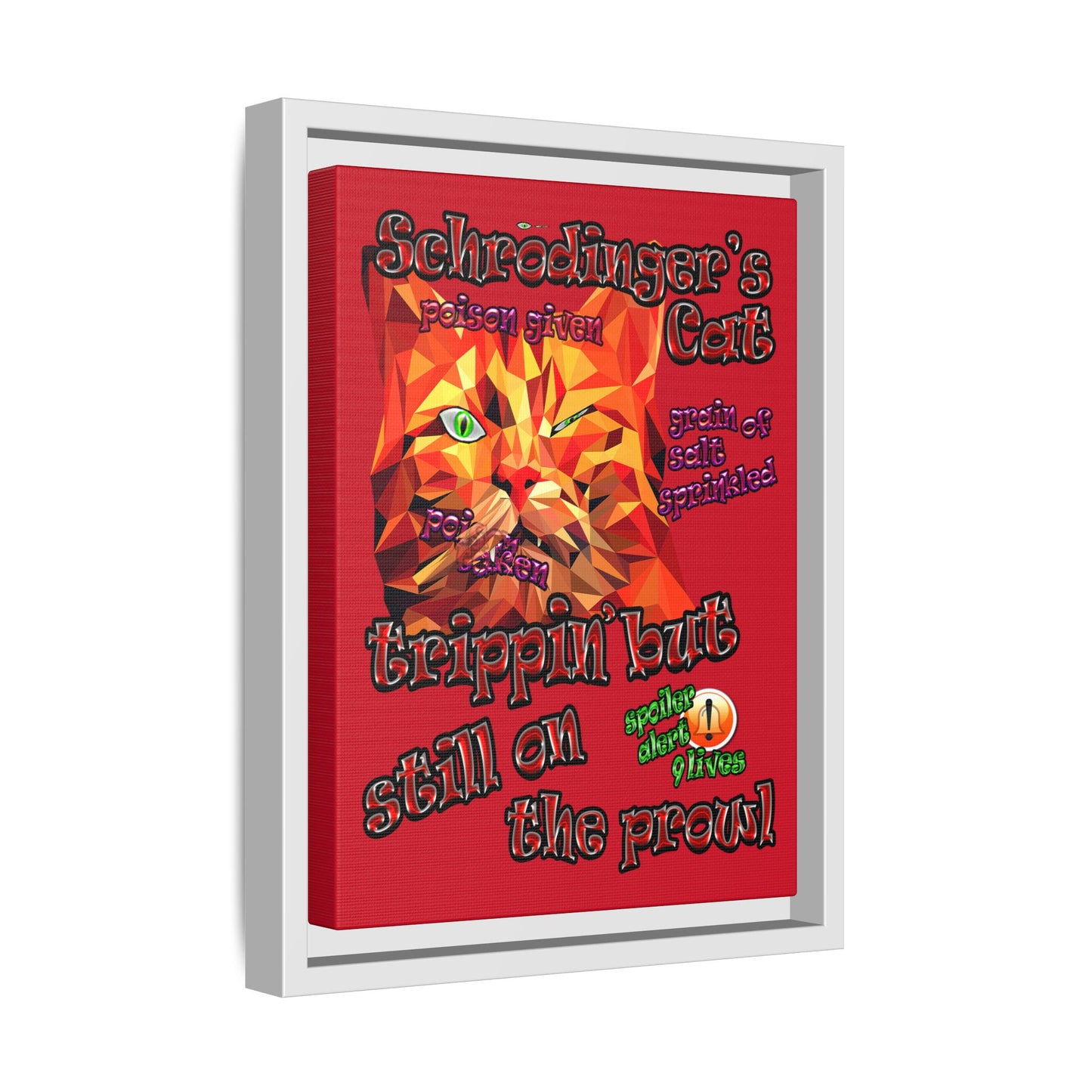 schrodinger's cat - framed canvas art (dark red)