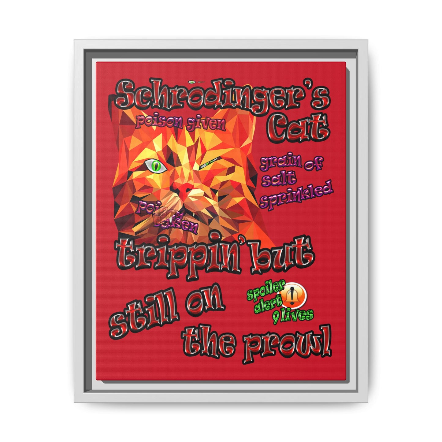 schrodinger's cat - framed canvas art (dark red)