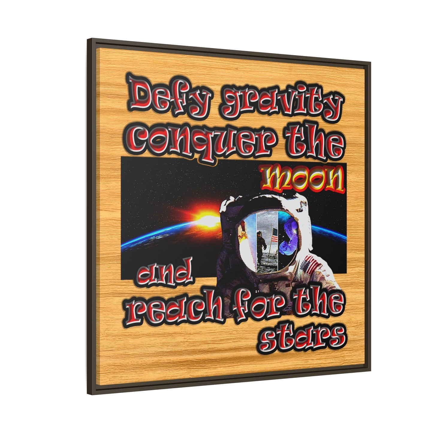 defy conquer reach - framed canvas art (butterscotch wood finish)