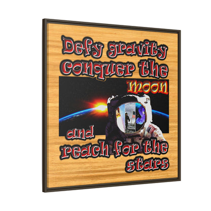 defy conquer reach - framed canvas art (butterscotch wood finish)