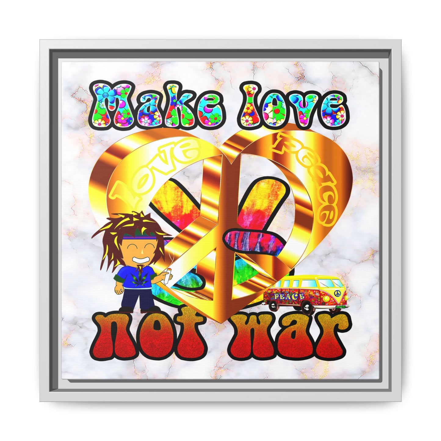 love peace - framed canvas art (white marble)