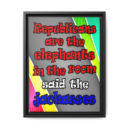 donkeys and elephants - framed canvas art (rainbow split)