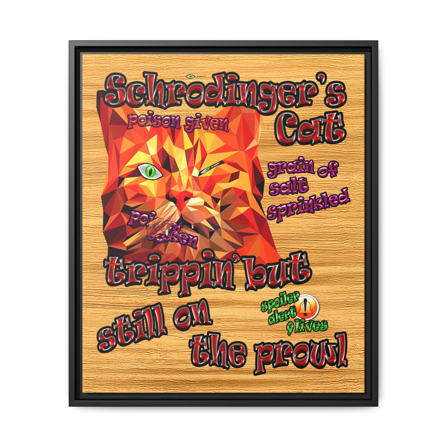schrodinger's cat - framed canvas art (butterscotch wood finish)