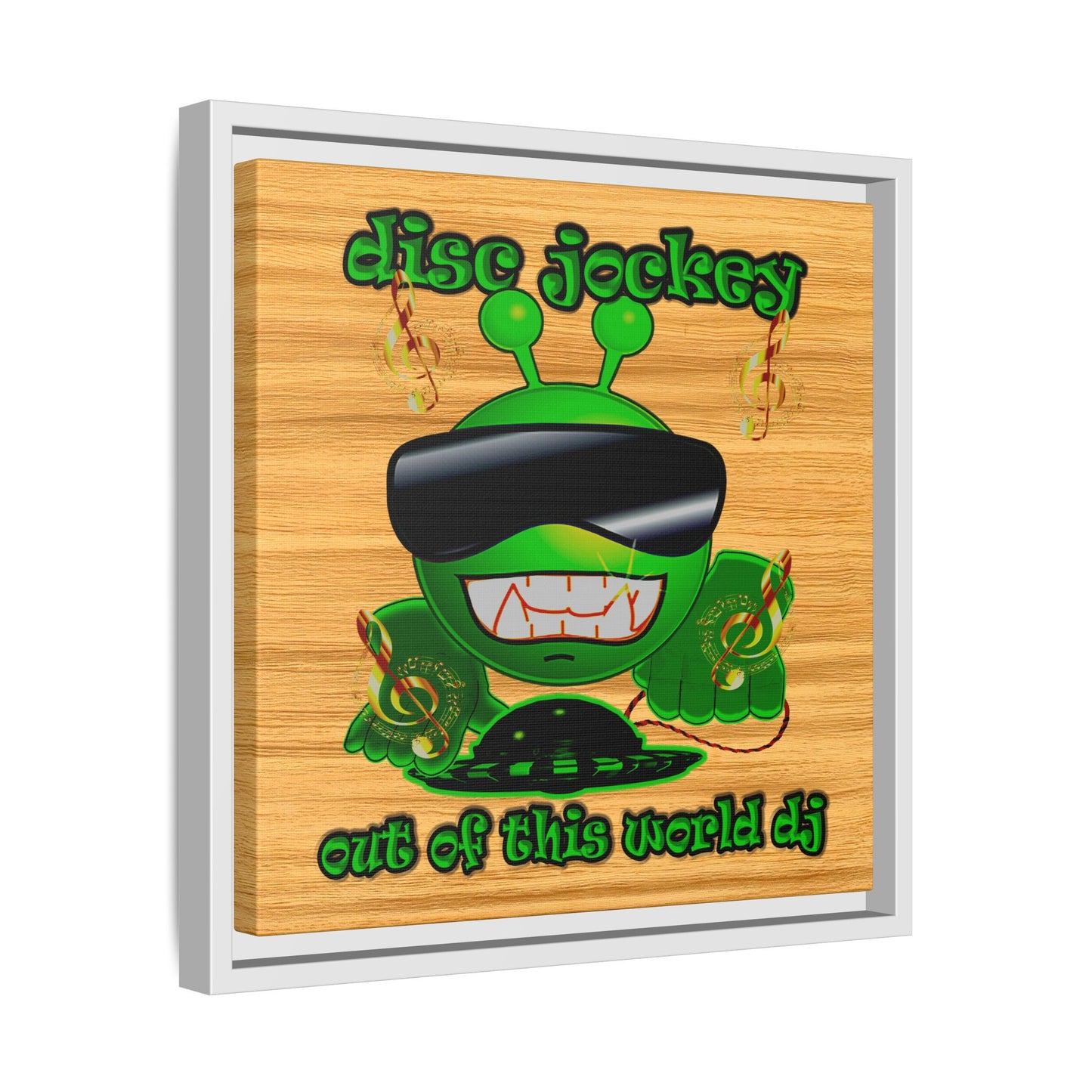 disc jockey - framed canvas art (butterscotch wood finish)