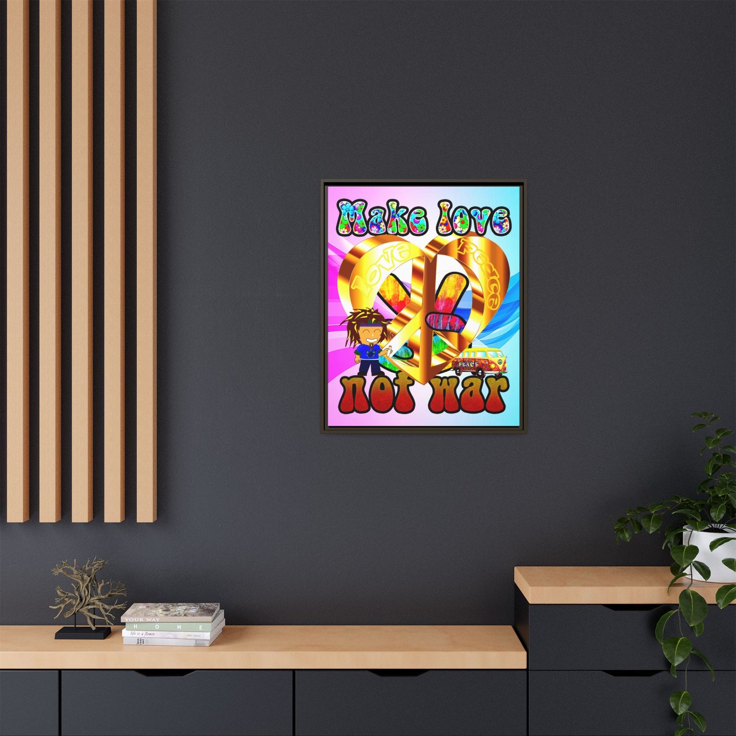 love peace - framed canvas art (light blue-pink wave)