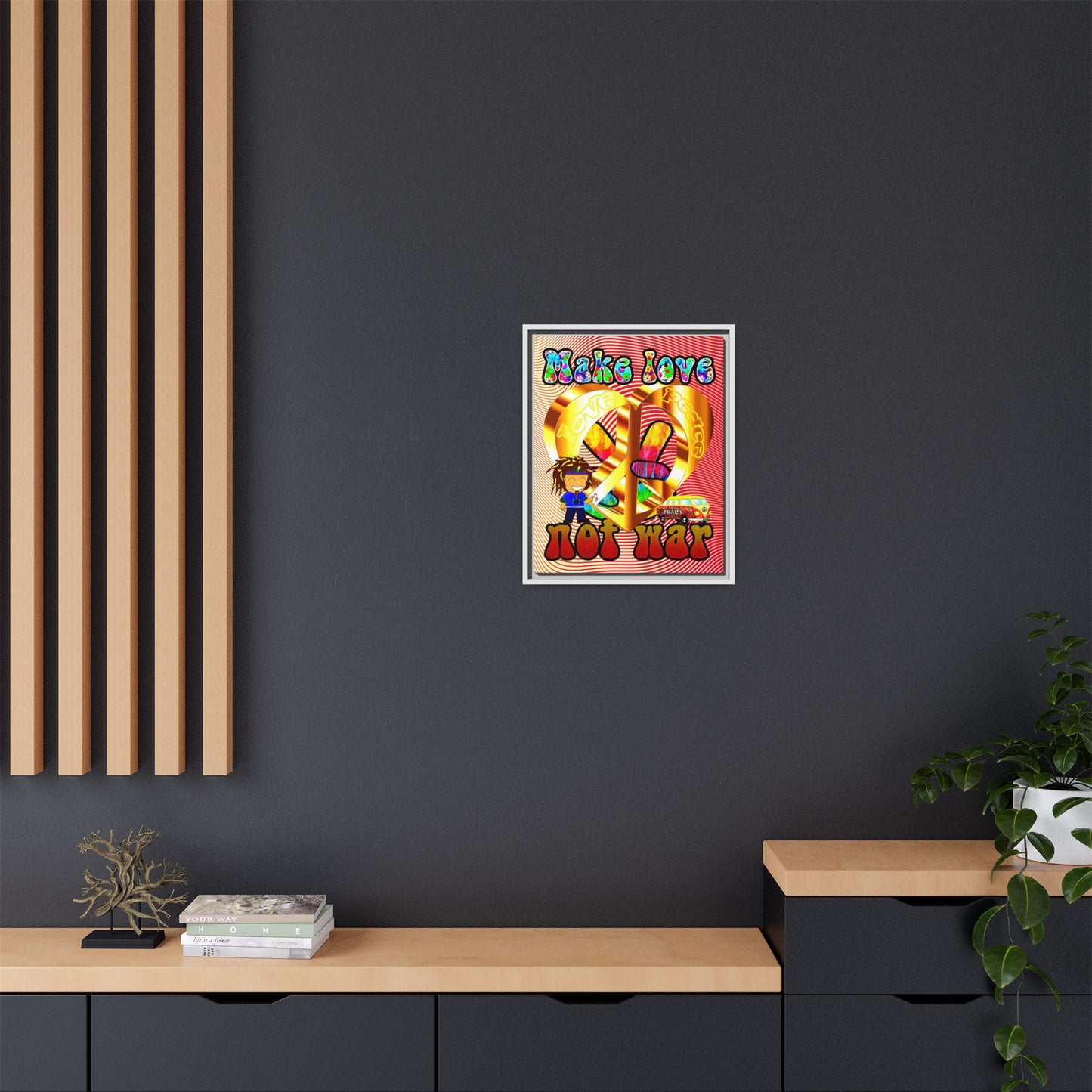 love peace - framed canvas art (yellow-orange wave)