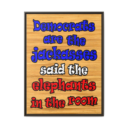 donkeys and elephants - framed canvas art (butterscotch wood finish)