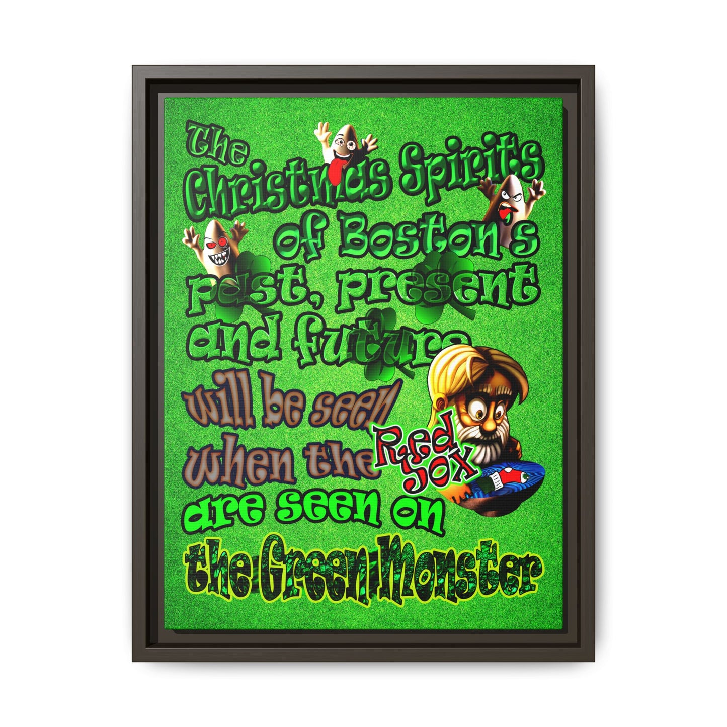 christmas spirits of boston - framed canvas art (green turf)