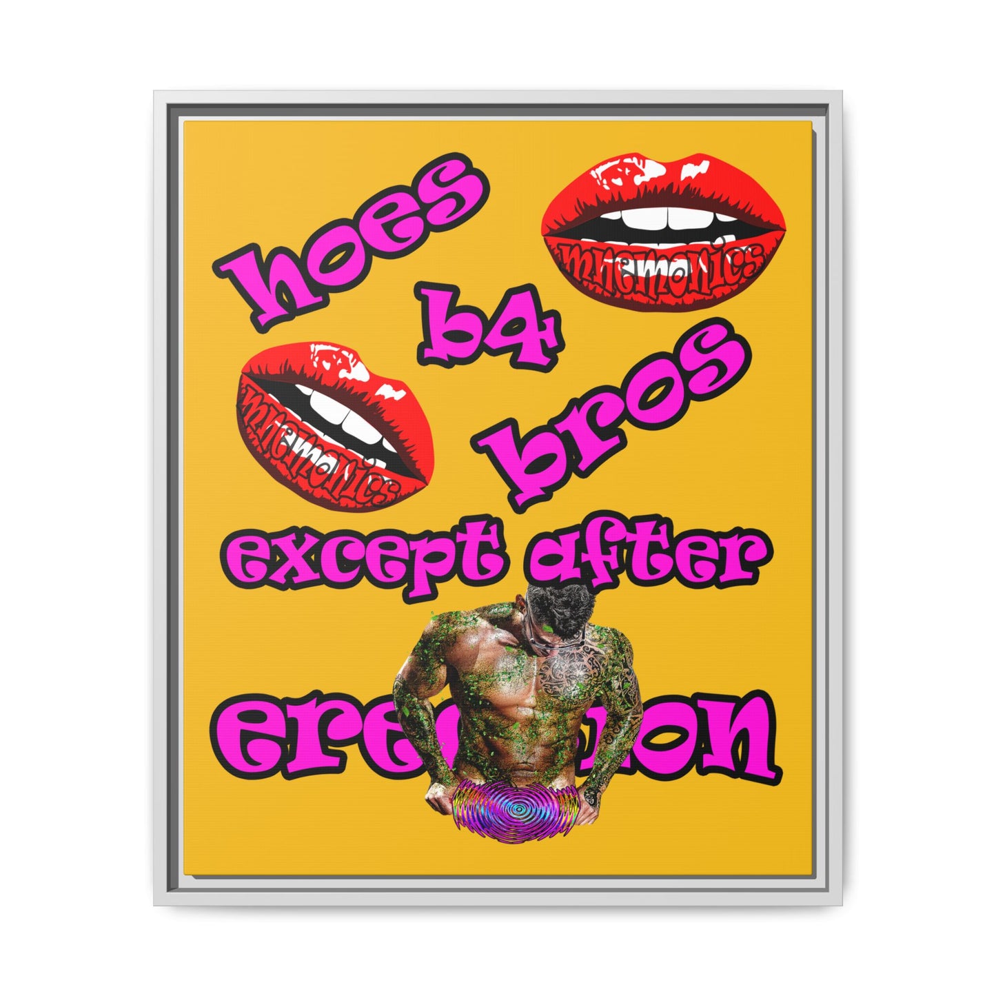hoes b4 bros - framed canvas art (yellow)