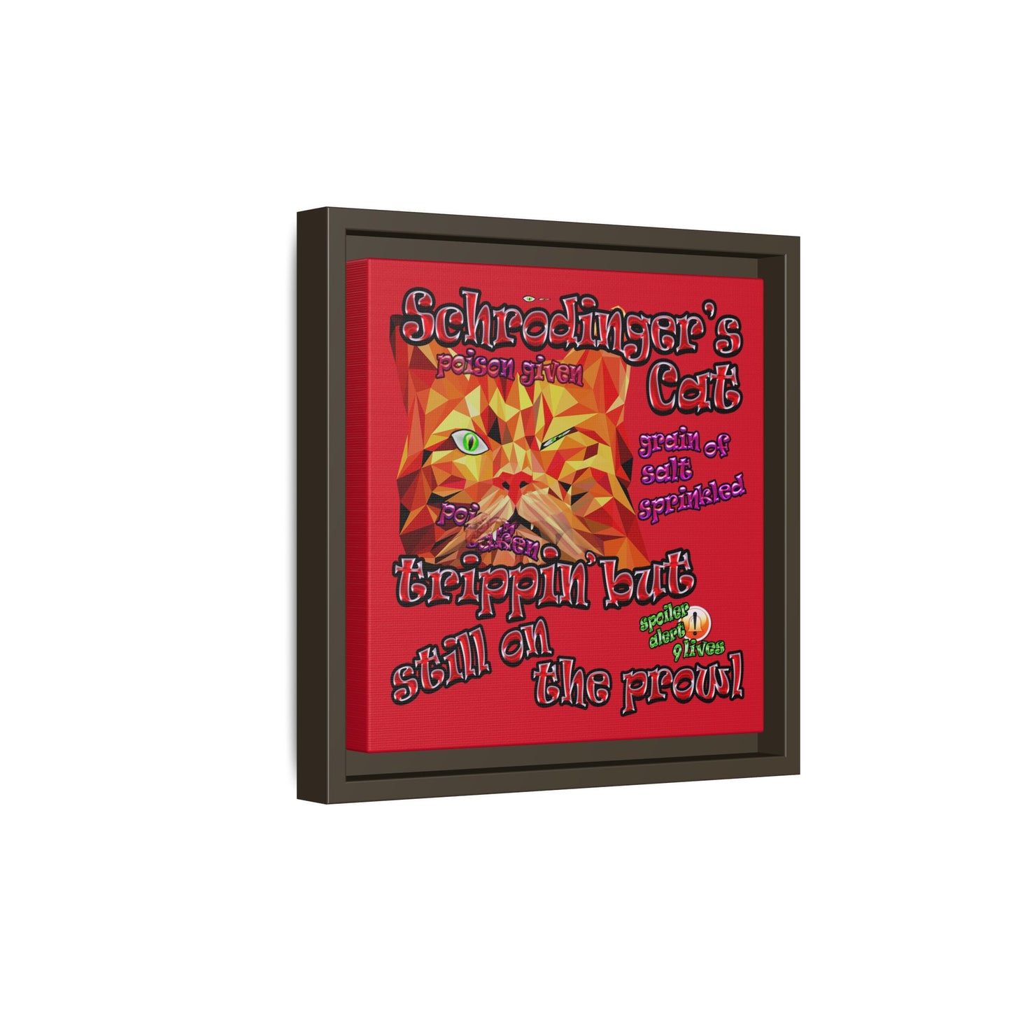 schrodinger's cat - framed canvas art (dark red)