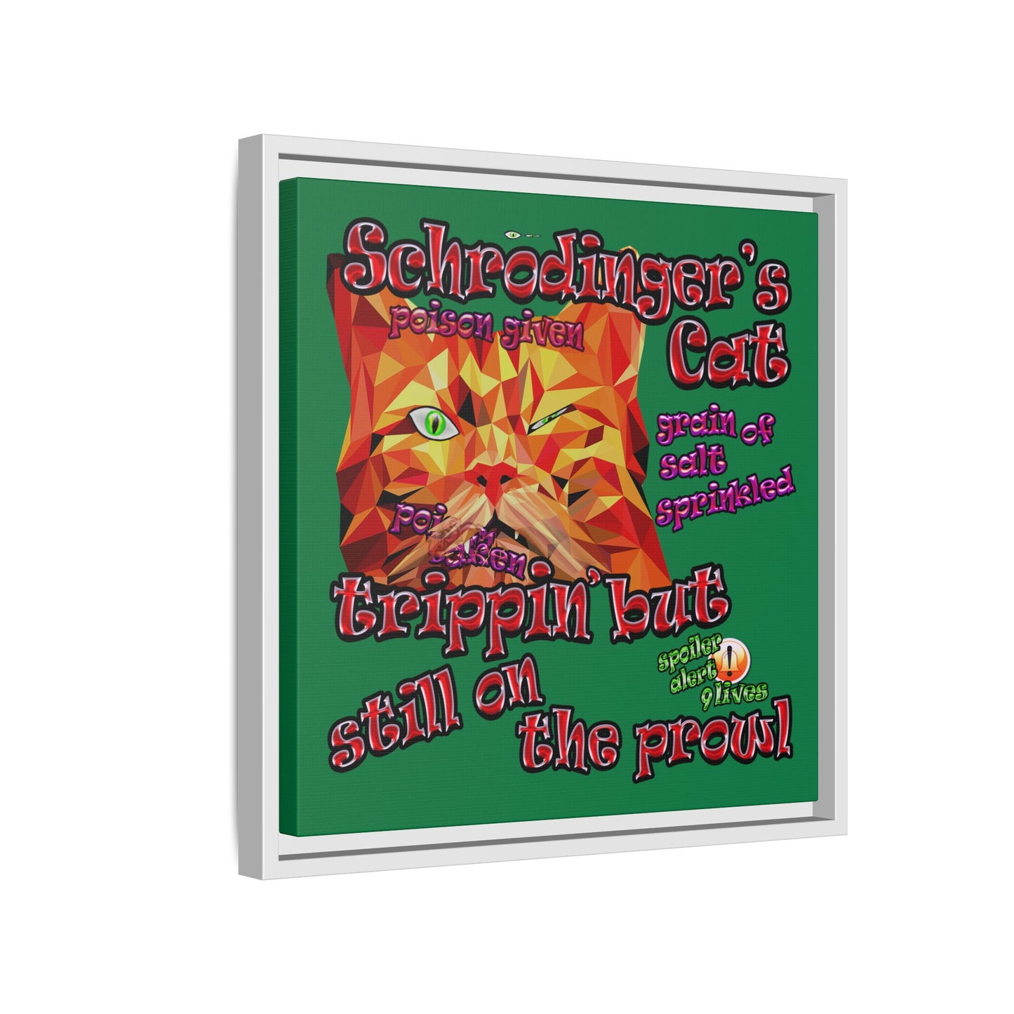 schrodinger's cat - framed canvas art (dark green)