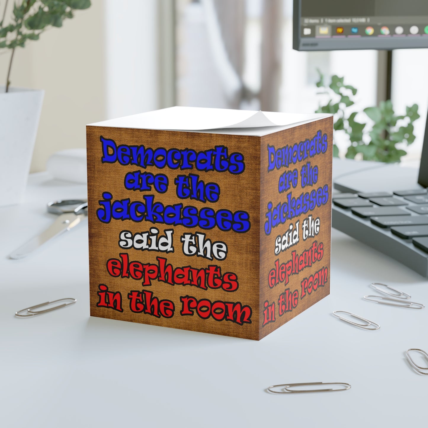 donkeys and elephants - note cube (brown papyrus)
