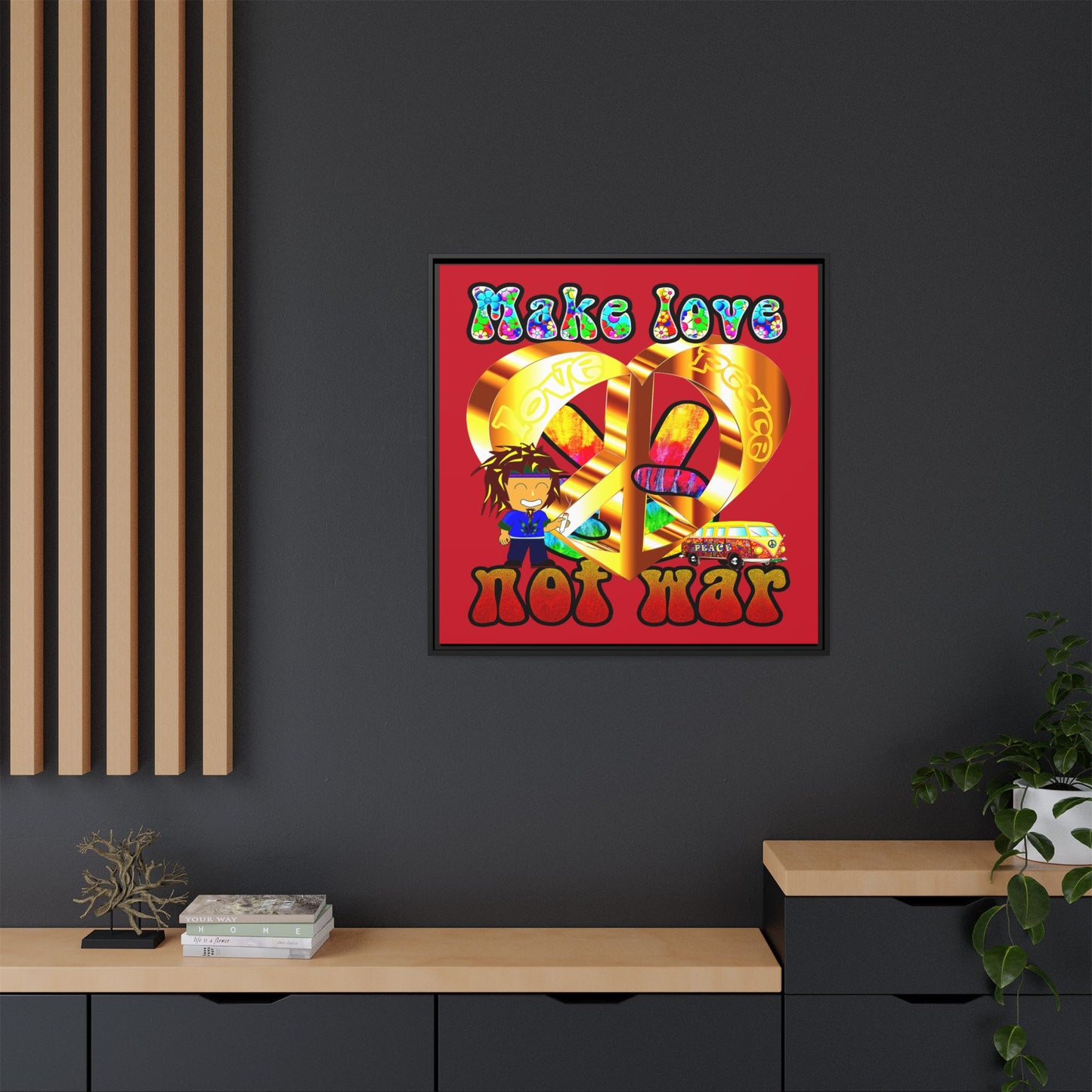 love peace - framed canvas art (dark red)