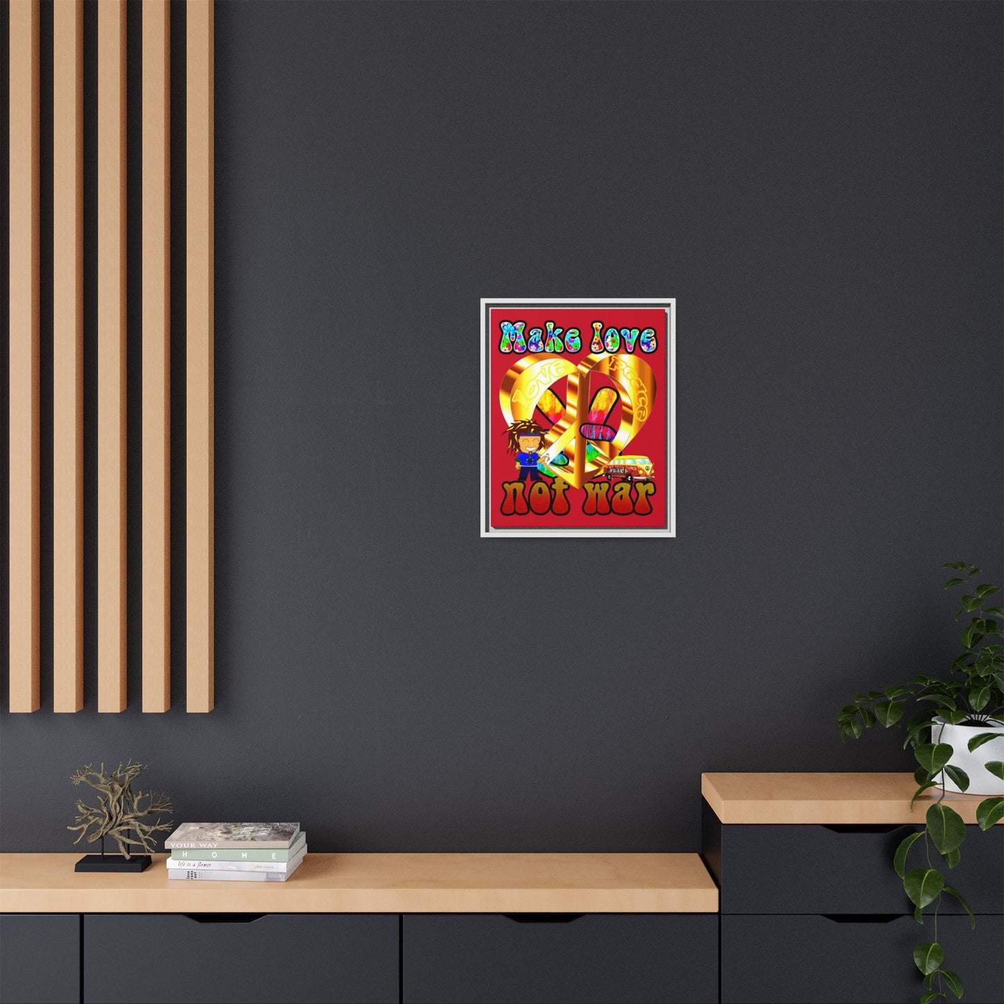 love peace - framed canvas art (dark red)
