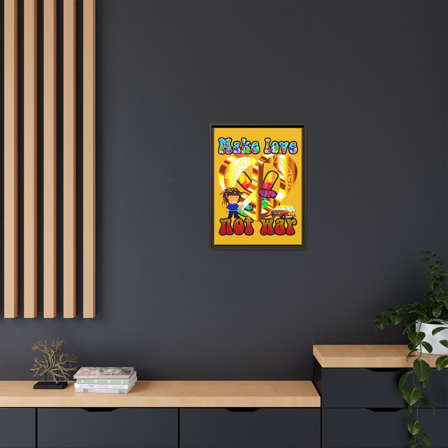 love peace - framed canvas art (yellow)