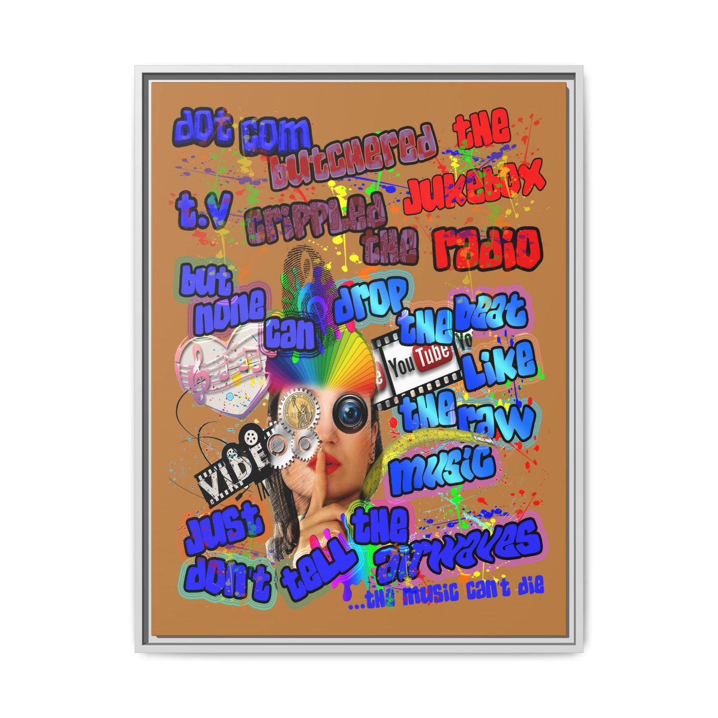 drop the beat - framed canvas art (light brown)